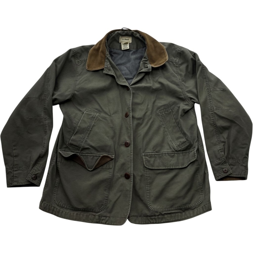 LL Bean Womens Petite XL Olive Green Cotton Canvas Barn Coat Corduroy Collar